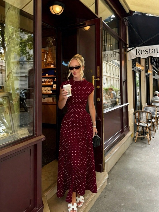 None Dresses & Skirts - Women’s Burgundy Polka Dot Maxi Dress